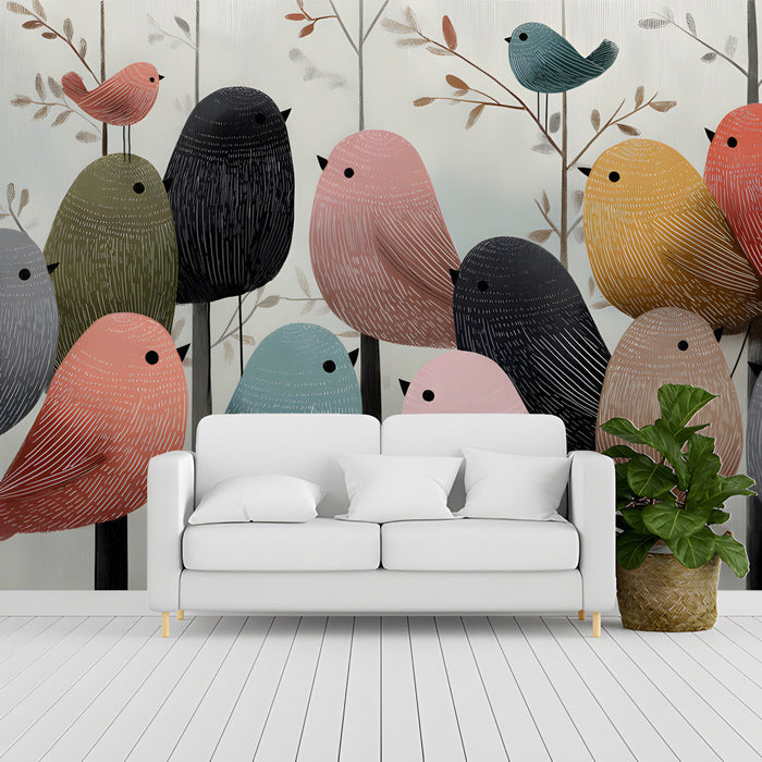 Whimsical bird wall mural installed in a cozy entryway with wooden furniture.