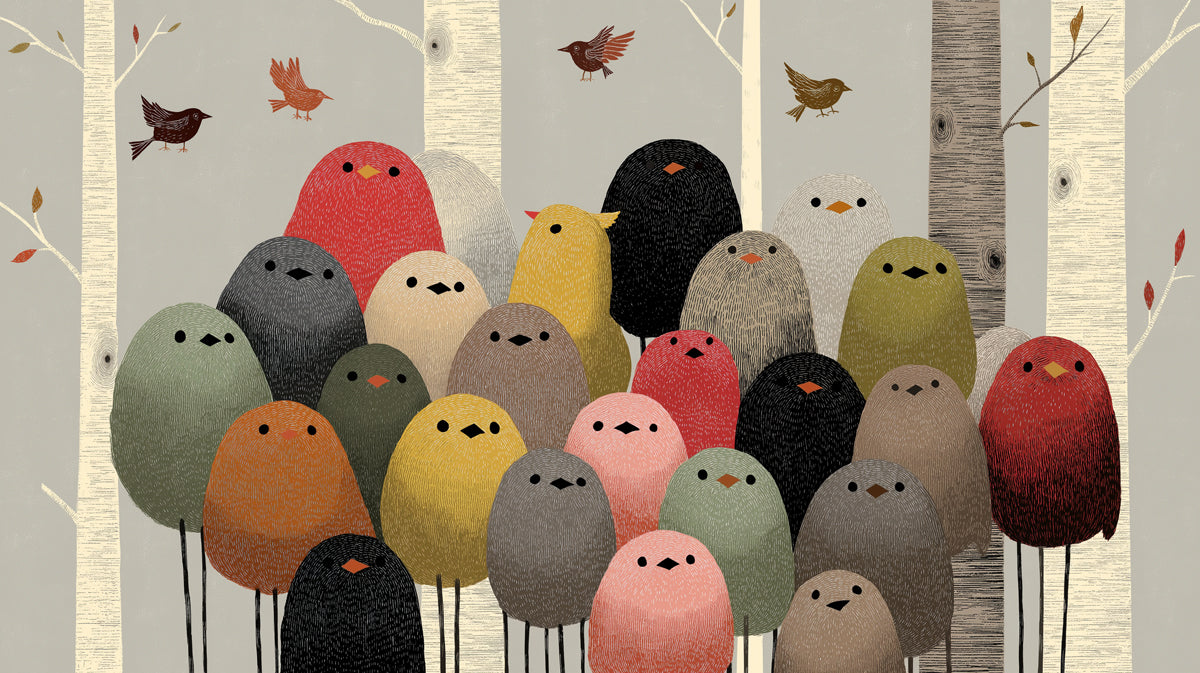 Whimsical mural wallpaper featuring a colorful flock of round birds in a birch forest with earthy tones.