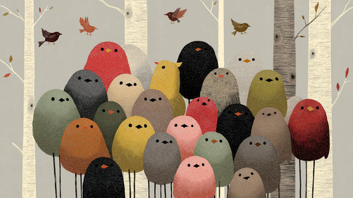 Whimsical mural wallpaper featuring a colorful flock of round birds in a birch forest with earthy tones.