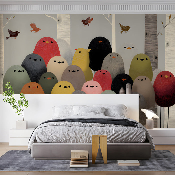 A cozy bedroom featuring the bird flock wallpaper as a playful, artistic accent wall.