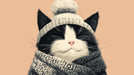 A whimsical illustration of a tuxedo cat wearing a knit beanie and scarf against a peach background
