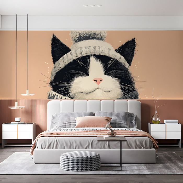 A bedroom wall with a cat illustration mural for a touch of whimsy