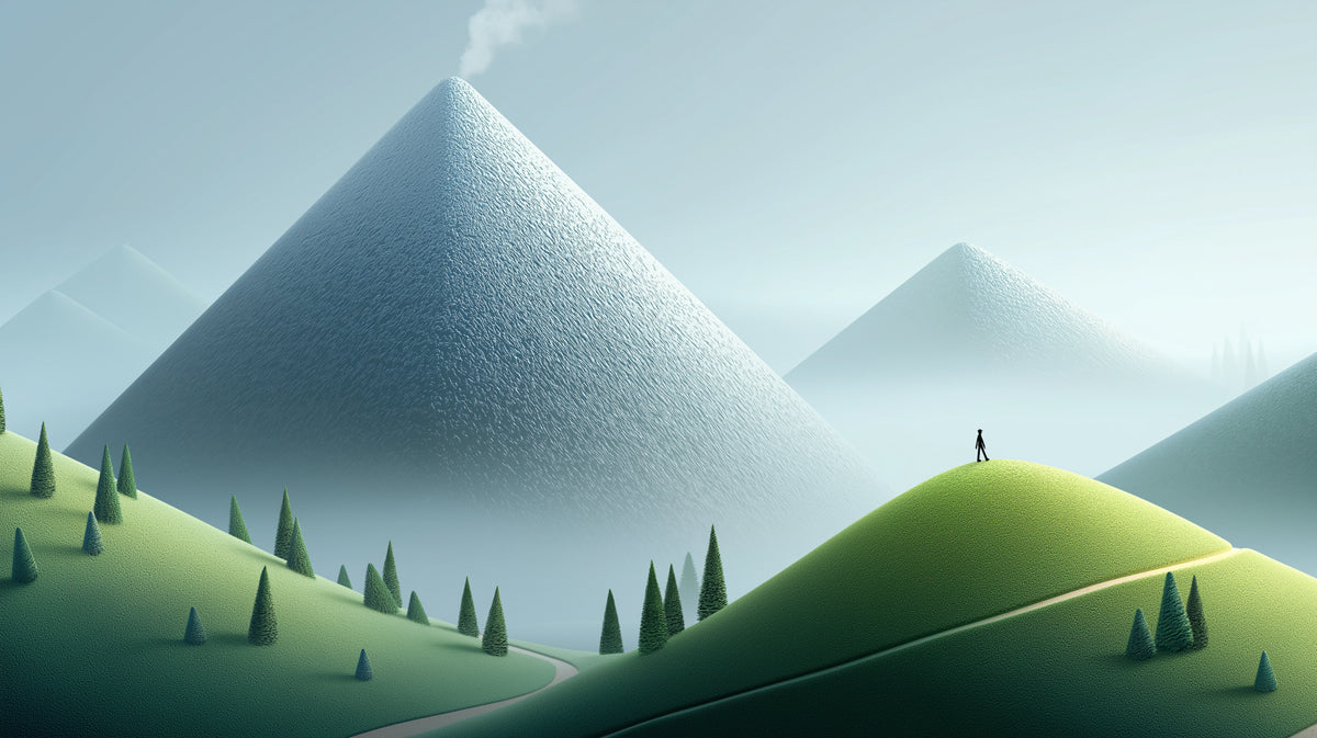 Volcanic mountain landscape wallpaper with rolling green hills and a small hiker figure in misty grey and green