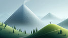 Volcanic mountain landscape wallpaper with rolling green hills and a small hiker figure in misty grey and green