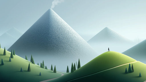 Volcanic mountain landscape wallpaper with rolling green hills and a small hiker figure in misty grey and green
