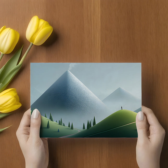 Modern office space with a calming alpine nature mural behind a desk