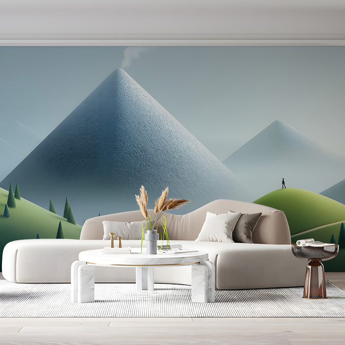 Bright living room with an expansive mountain valley mural on the main feature wall
