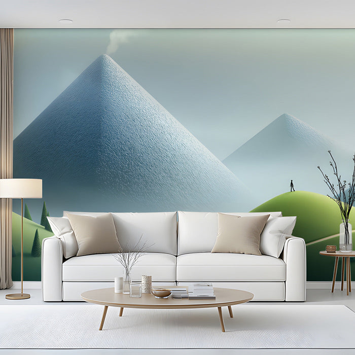 Minimalist bedroom featuring a serene mountain landscape wall mural