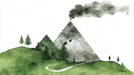 Minimalist watercolor mountain mural with green hills, pine trees, and a smoking charcoal mountain peak