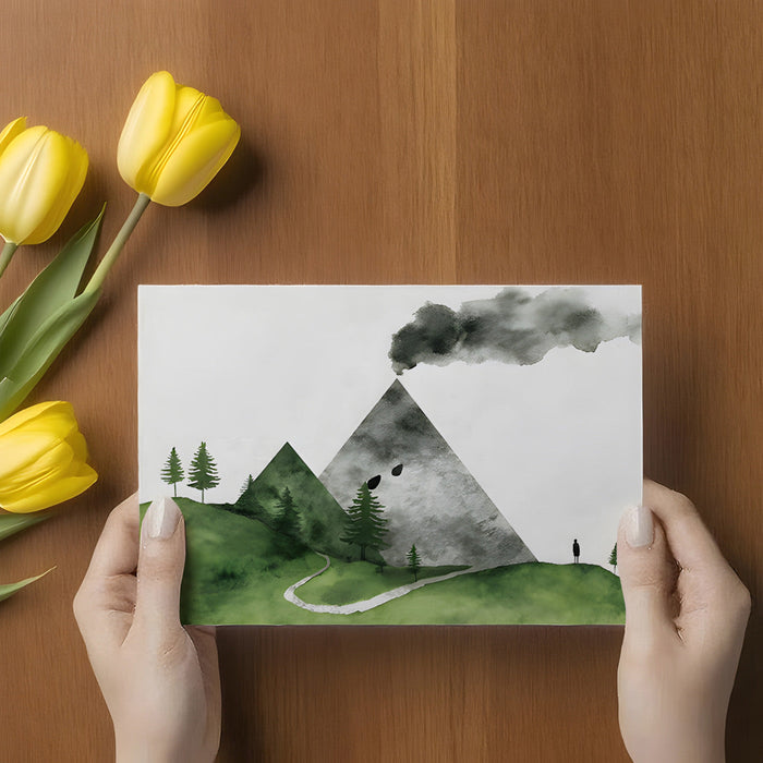 Modern home office with a watercolor landscape wallpaper that inspires focus and creativity