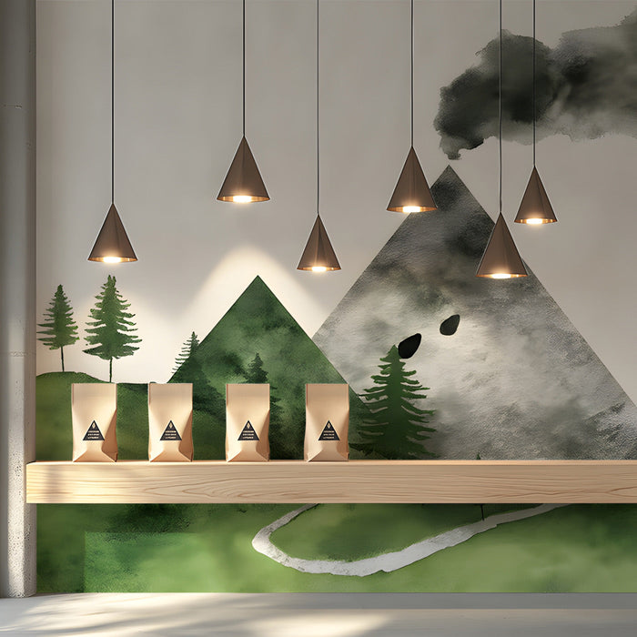 Serene shopping space with minimalist mountain mural for a soft and imaginative atmosphere