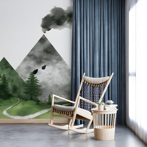 Study interior featuring a peaceful mountain forest mural as a calming feature wall