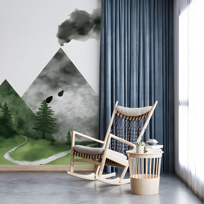 Study interior featuring a peaceful mountain forest mural as a calming feature wall