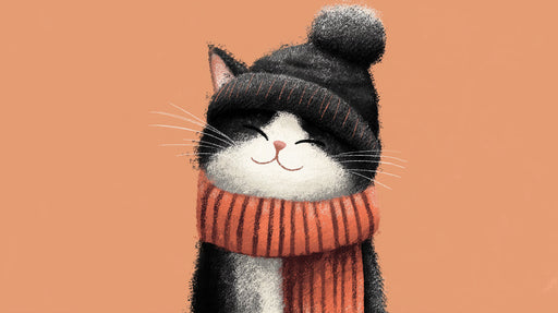 A digital illustration of a tuxedo cat wearing a charcoal beanie and rust orange knit scarf against an apricot background
