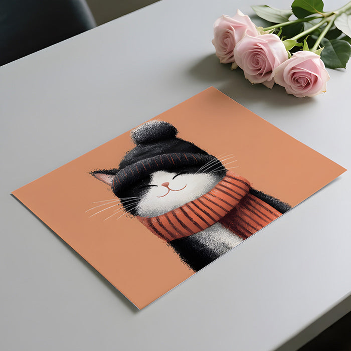 A reading nook with a playful winter cat wallpaper, soft armchair, and fluffy knit throw