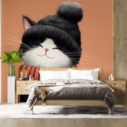 A bedroom wall decorated with a charming cat mural, creating a warm and inviting atmosphere