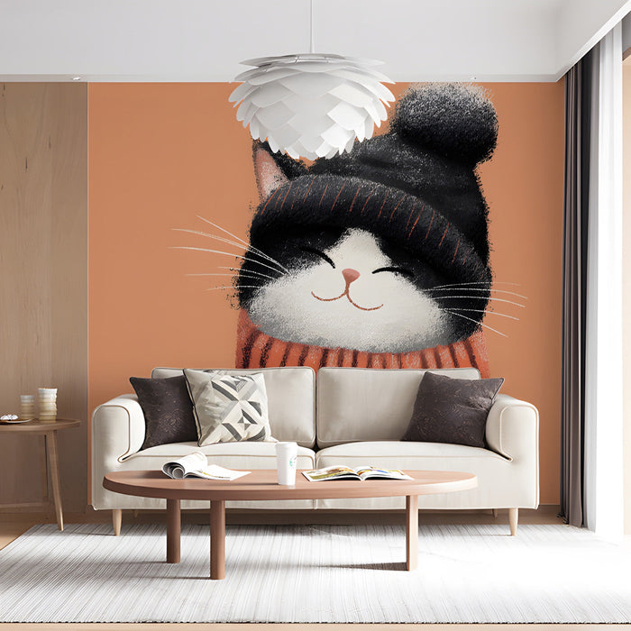 A cozy living room featuring a whimsical cat mural above a wooden crib with neutral bedding