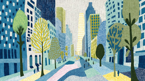 Abstract urban city street scene with hand-drawn lines, sapphire blue buildings, and golden yellow trees