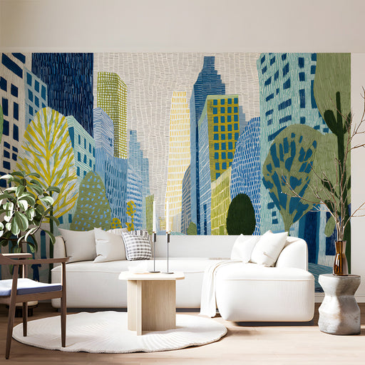 Creative living room decorated with a vibrant and playful city street mural