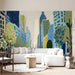Creative living room decorated with a vibrant and playful city street mural