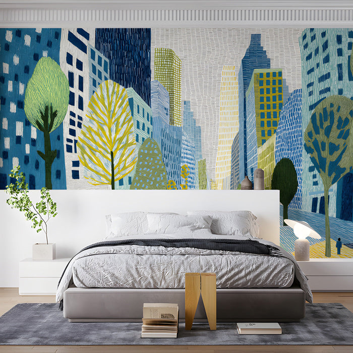 Modern bedroom featuring a colorful city sketch mural on the main feature wall