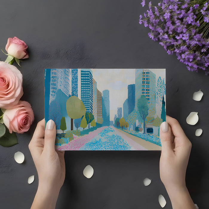 Stylish home office interior with a decorative metropolitan cityscape mural on the back wall