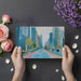 Stylish home office interior with a decorative metropolitan cityscape mural on the back wall