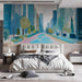 Contemporary hotel bedroom with a large-scale urban architectural wallpaper design