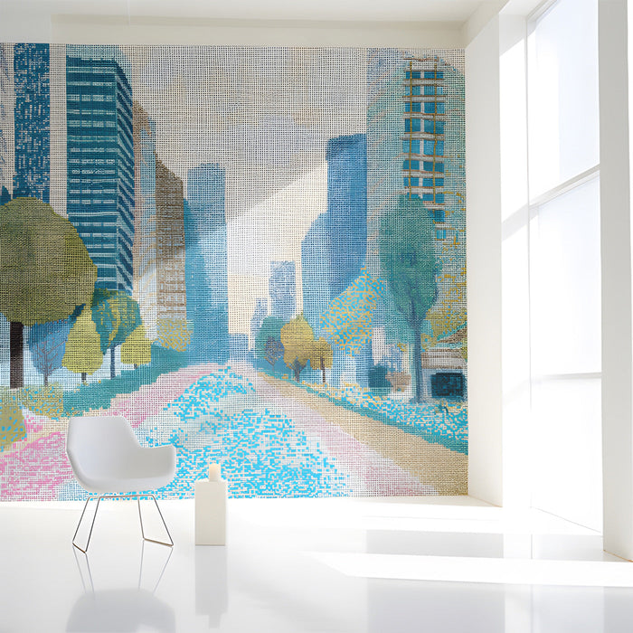 Modern study featuring a blue city landscape wallpaper as a creative feature wall