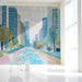 Modern study featuring a blue city landscape wallpaper as a creative feature wall