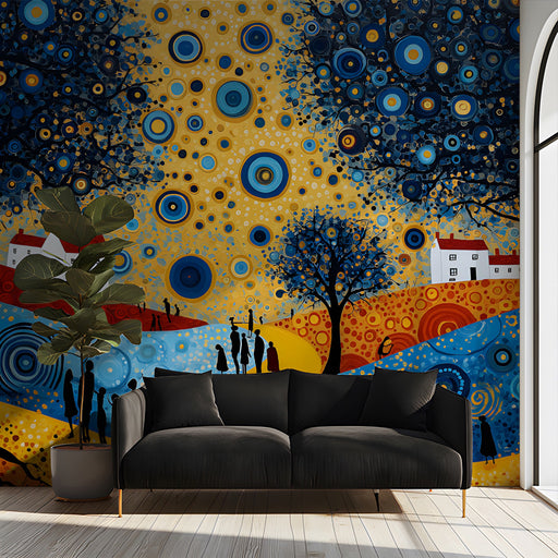 Creative study room featuring a bold abstract landscape mural with circular motifs