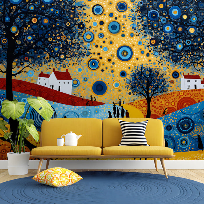 Entryway featuring a vibrant artistic landscape wall mural with blue and gold tones