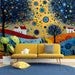 Entryway featuring a vibrant artistic landscape wall mural with blue and gold tones