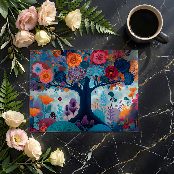 A playful and artistic nursery or playroom wall decorated with a vibrant botanical mural pattern.