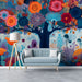 A creative home studio space with a colorful, whimsical garden mural providing inspiration on the main wall.