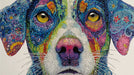 Close up of an intricate dog portrait wallpaper with psychedelic colors and fine line art patterns