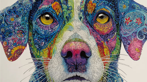 Close up of an intricate dog portrait wallpaper with psychedelic colors and fine line art patterns