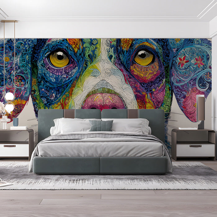 Playful bedroom interior featuring a detailed mosaic style dog wall mural
