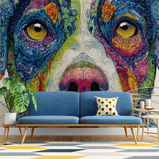 Modern study with a vibrant colorful dog art feature wall