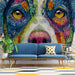 Modern study with a vibrant colorful dog art feature wall