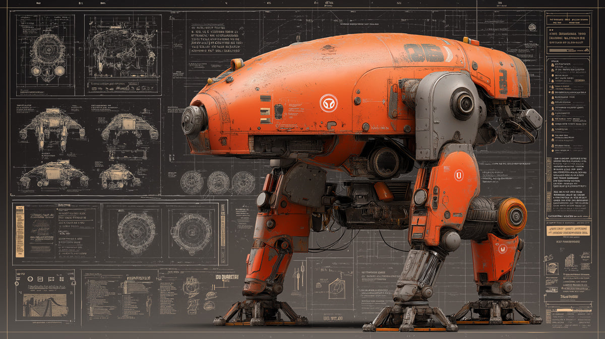 A vibrant orange industrial robot illustration overlaid on a detailed technical blueprint with white diagrams on charcoal