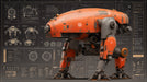 A vibrant orange industrial robot illustration overlaid on a detailed technical blueprint with white diagrams on charcoal