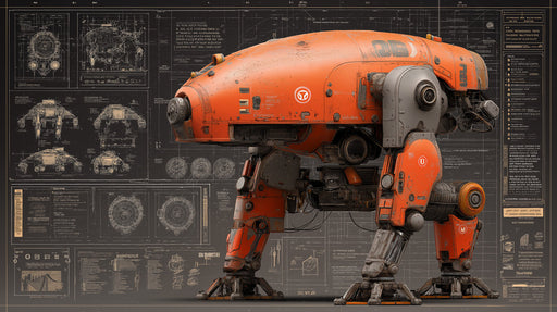A vibrant orange industrial robot illustration overlaid on a detailed technical blueprint with white diagrams on charcoal