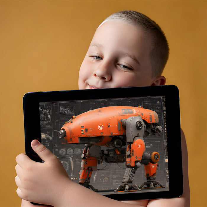 A game room or media space with a tech-inspired robot mural as a dramatic focal point