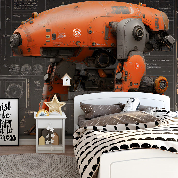 An unconventional bedroom styled with mechanical schematic wallpaper and dark wood furniture