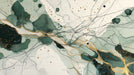 Abstract ink wash mural wallpaper with deep forest green swirls, fine charcoal lines, and metallic gold splatter on cream.