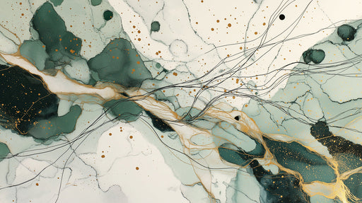 Abstract ink wash mural wallpaper with deep forest green swirls, fine charcoal lines, and metallic gold splatter on cream.