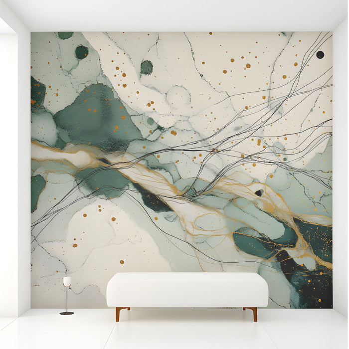 Elegant entryway wall featuring fluid green and gold abstract mural wallpaper with soft warm ambient lighting.