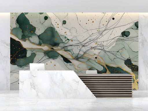 Modern reception featuring an abstract forest green and gold ink wash mural behind a minimalist velvet sofa.