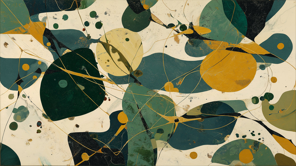 Abstract wall mural featuring organic green and ochre shapes on cream background
